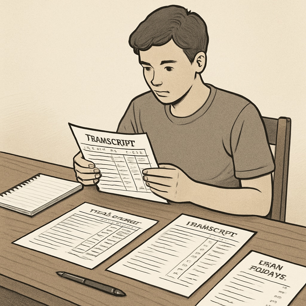A young adult reviewing academic transcripts and documents spread across a wooden desk, with a pen and notebook nearby Evaluating academic credits for continuing education after interruption