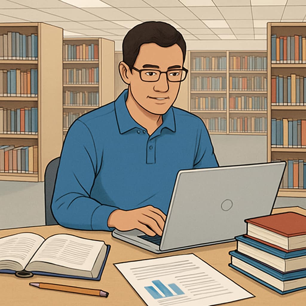 An adult student working on a laptop in a modern library, with bookshelves in the background and educational materials on the table Adult learner continuing education through online resources