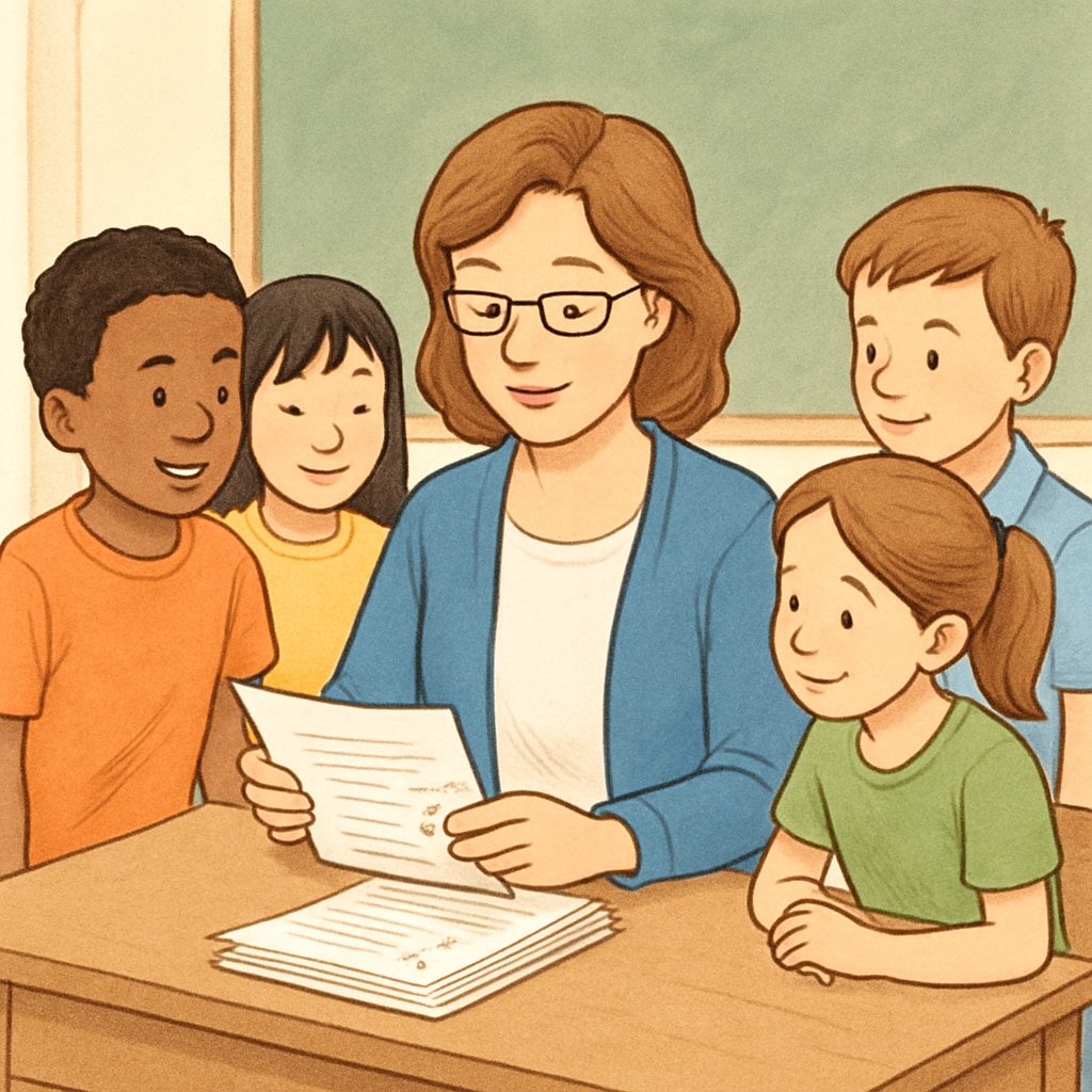 Teacher discussing homework assignments with students