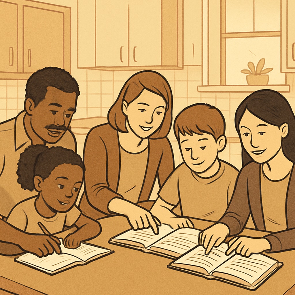 A diverse group of parents helping children with homework at a kitchen table, showing family engagement in education Parents assisting children with homework for child tax credit education policy