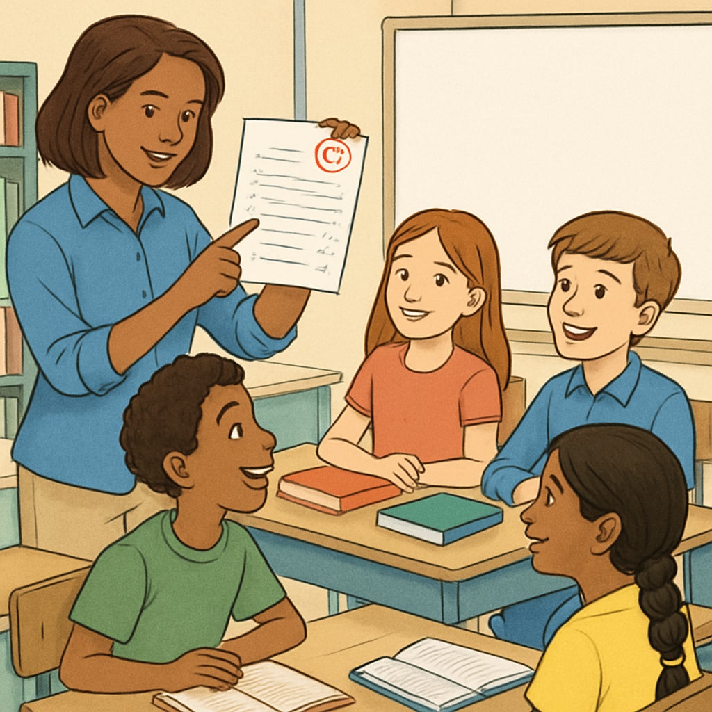 Teacher reviewing test results with diverse group of students in classroom setting Teacher evaluating student performance metrics for tax credit program