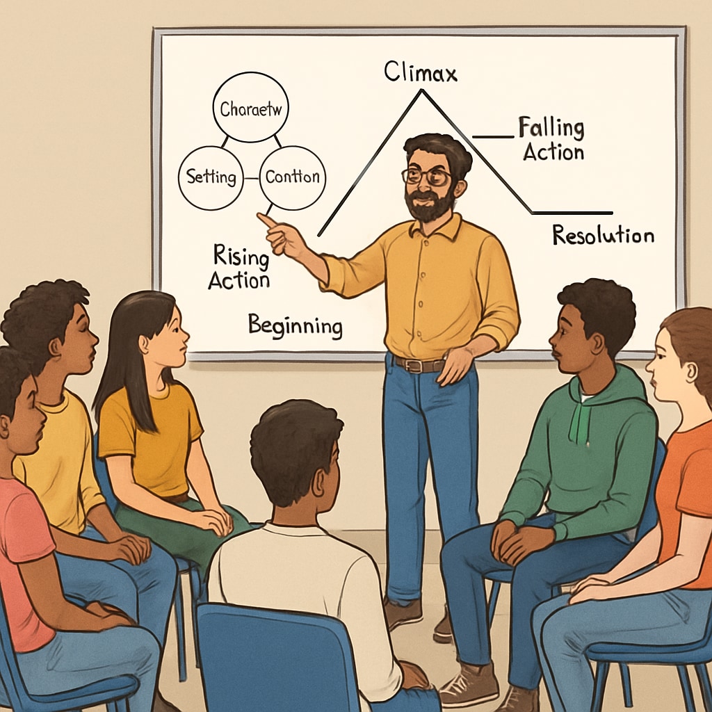 Diverse group of young adults sitting in a circle during a storytelling workshop, with a facilitator pointing to a whiteboard covered in story structure diagrams Story pedagogy in action during group identity transformation workshop