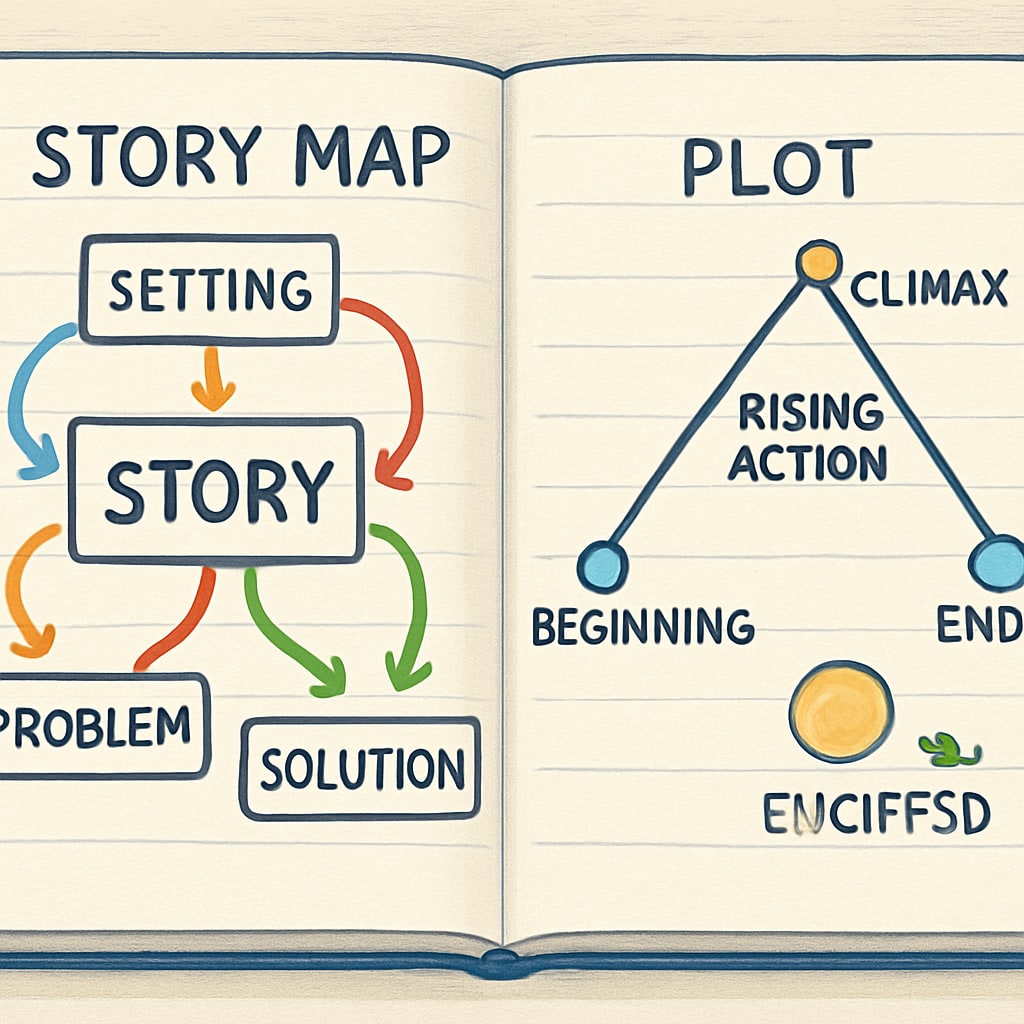 Close-up shot of handwritten journal pages showing story mapping diagrams with colored connections between ideas Creative process of educational storytelling and identity transformation