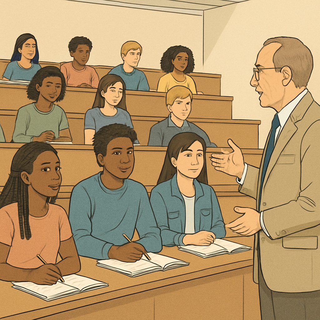 Diverse group of high school students sitting in a university lecture hall, listening attentively to a professor at the front High school students experiencing early college admission through dual enrollment