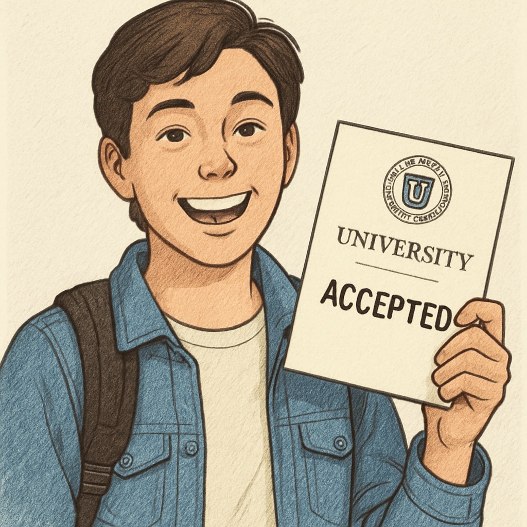 Close-up of a smiling teenage student holding a college acceptance letter with visible university logo Successful early college admission result for accelerated high school student
