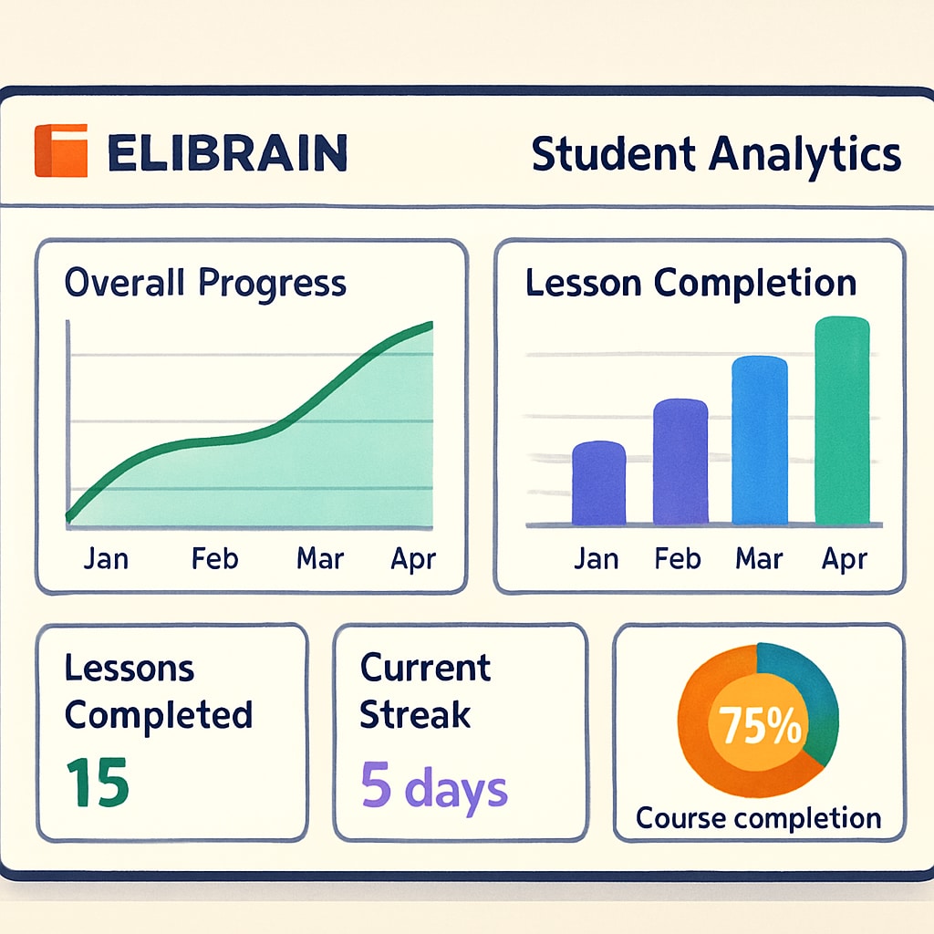 ELIBRAIN platform interface showing student analytics dashboard with progress charts and lesson completion metrics ELIBRAIN educational tools dashboard with user performance data