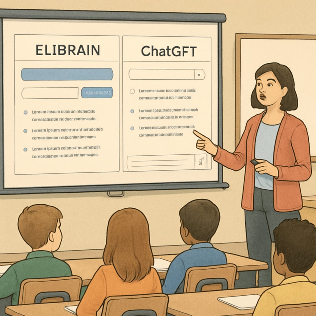 Classroom setting with side-by-side projection of ELIBRAIN and ChatGPT interfaces during teacher demonstration Comparison of ELIBRAIN and ChatGPT educational tools in school environment