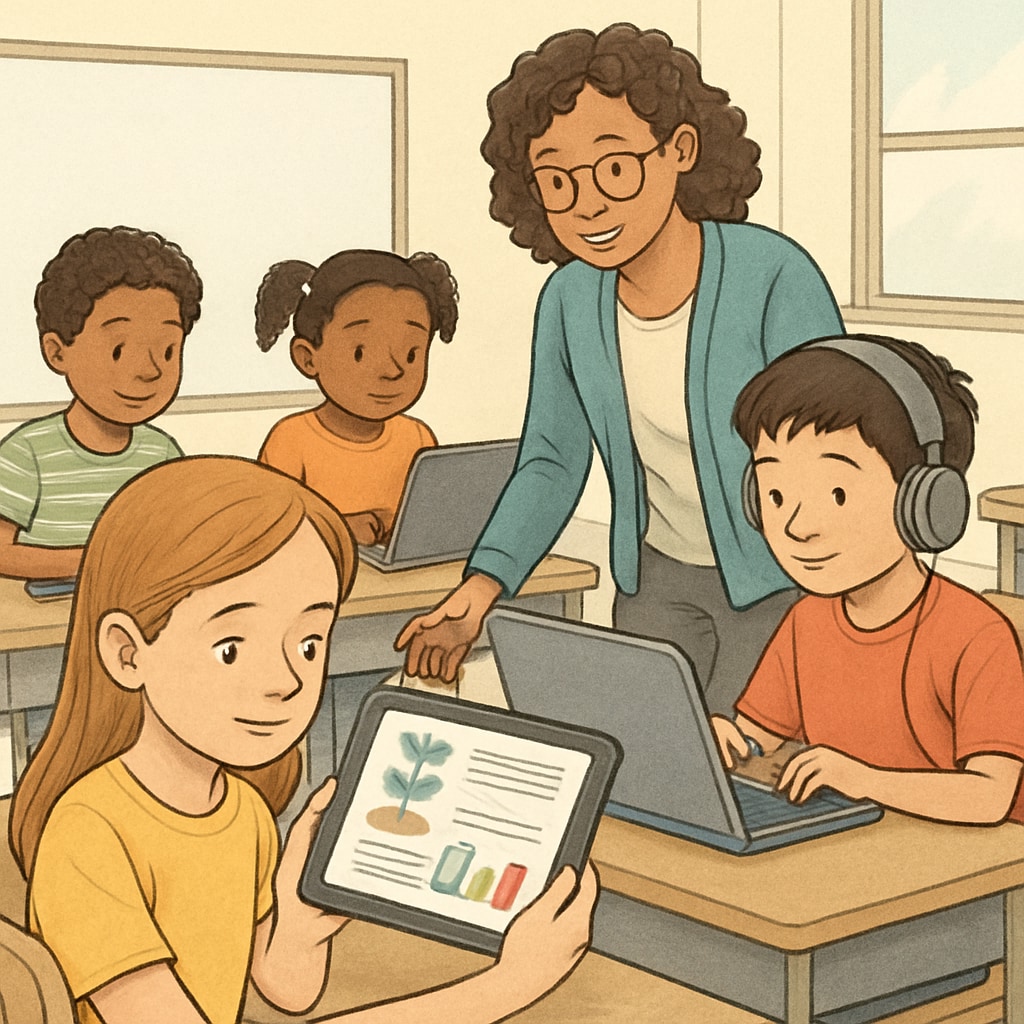 A diverse group of elementary school students engaged with digital learning tools, with a teacher guiding them. The foreground shows a tablet displaying educational content. K-12 students using digital educational resources in classroom