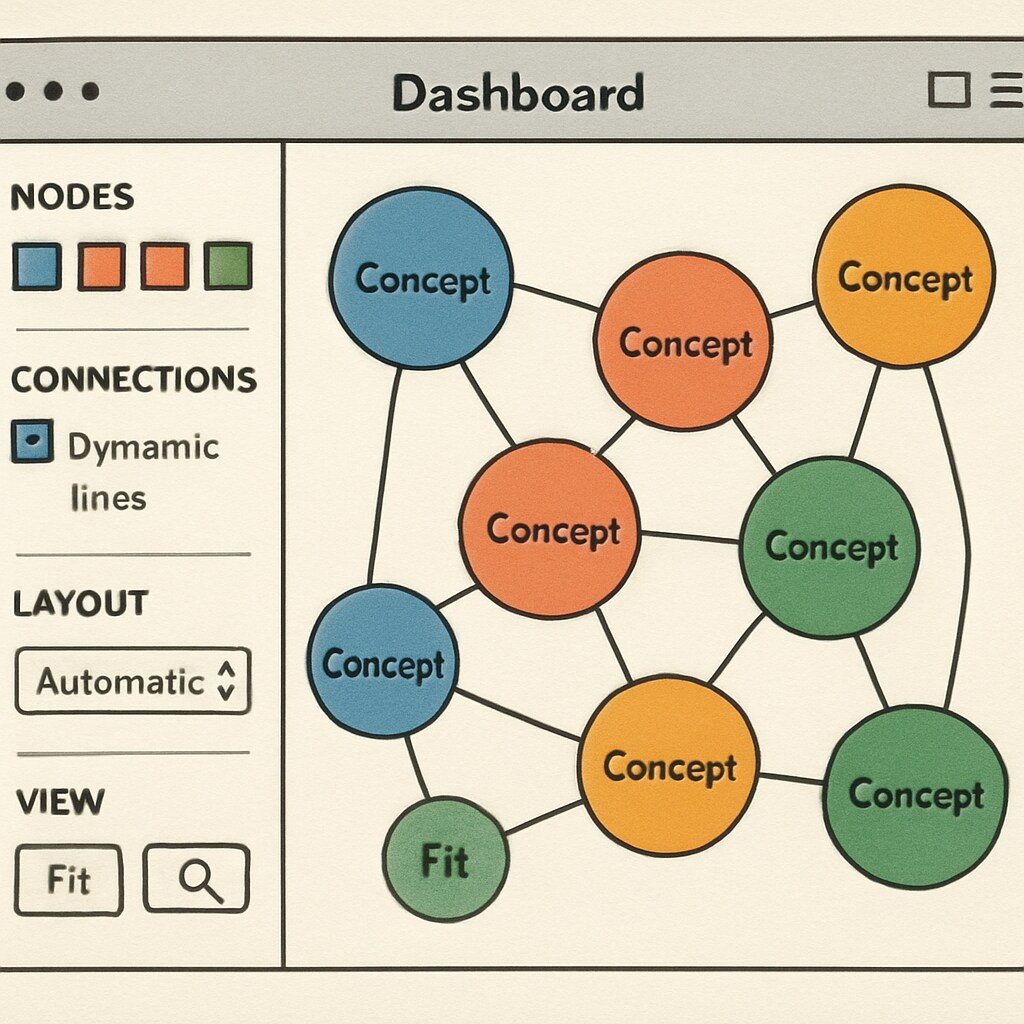 Interactive dashboard showing color-coded concept nodes connected by dynamic lines, with sidebar controls for customization Educational tool for visualization content assisting students with science concepts