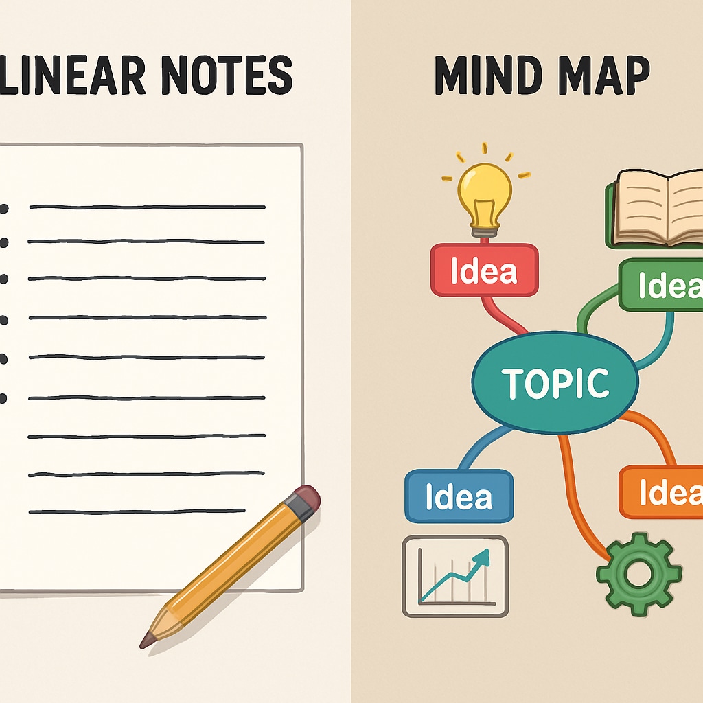 Comparison showing handwritten linear notes versus digital mind map with images and color coding Student assistance visualization before-and-after example