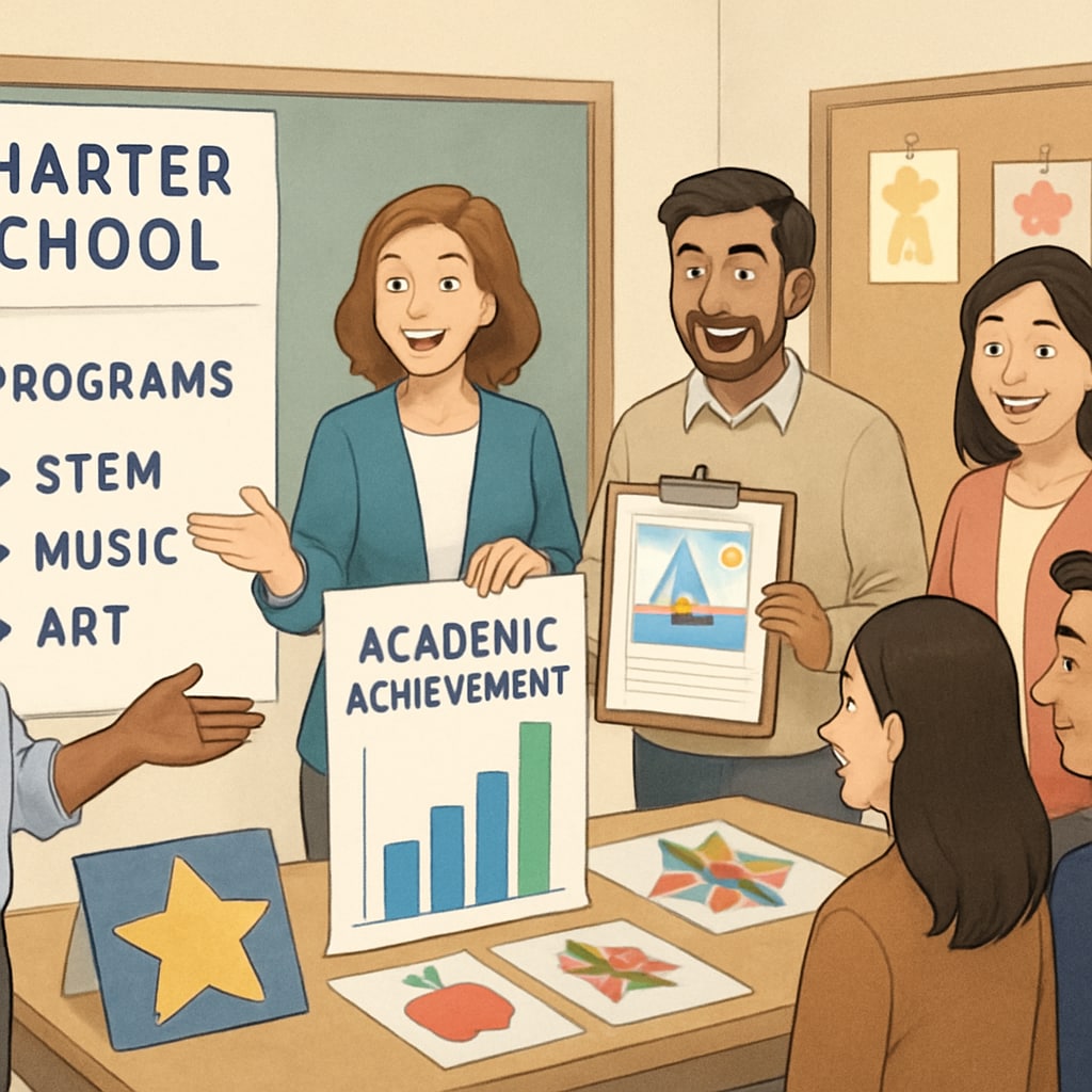 A diverse group of charter school teachers enthusiastically presenting their school's programs to prospective parents during an open house event. The image shows teachers using visual aids and student work samples to demonstrate academic quality. Charter school teachers conducting professional recruitment presentation