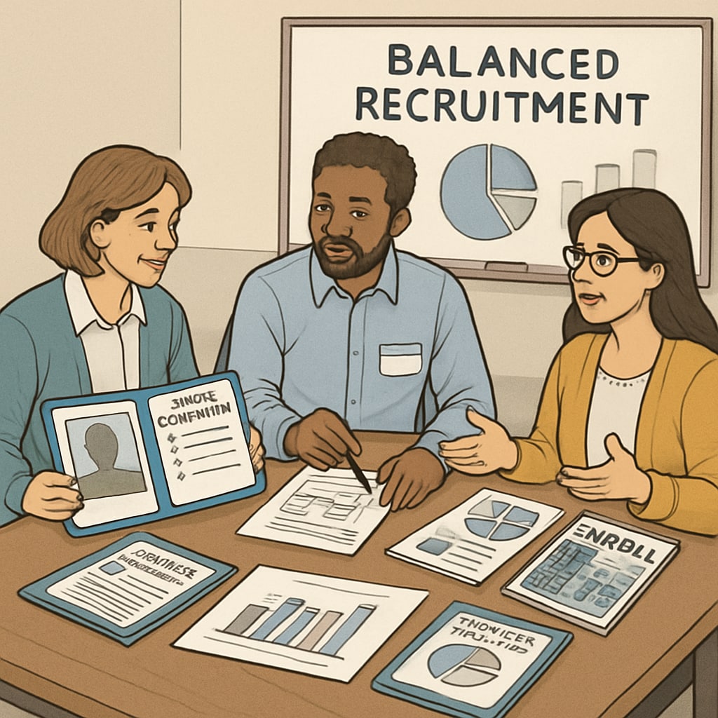 Three educators reviewing enrollment data and planning strategies around a table filled with student portfolios and marketing materials. The setting appears to be a professional development session focused on balanced recruitment approaches. Charter school educators collaborating on enrollment solutions