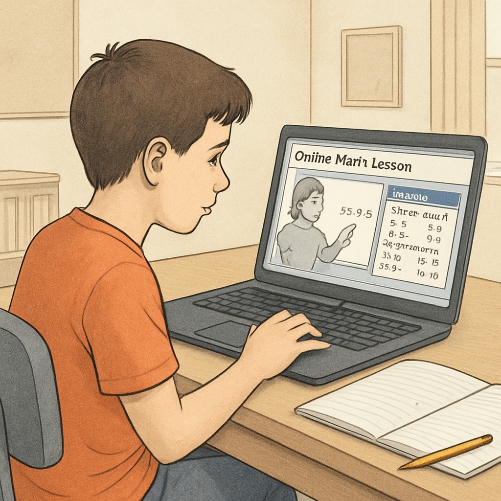 A middle school student using a laptop with a browser extension visible, showing pop-up questions during an online math lesson learning tools attention retention browser extension in use during online class