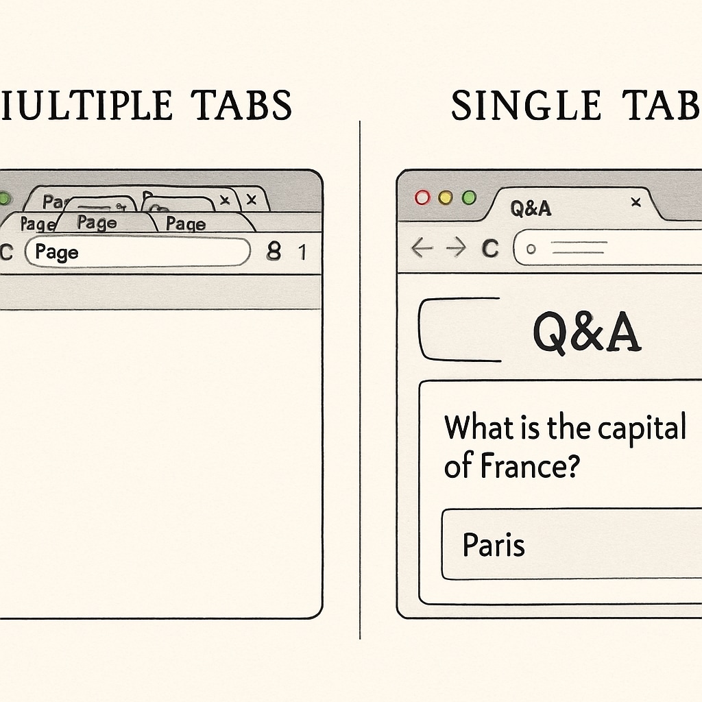 Browser window comparison showing multiple tabs open without extension versus focused single tab with active Q&A interface learning tools browser extension reducing digital distraction