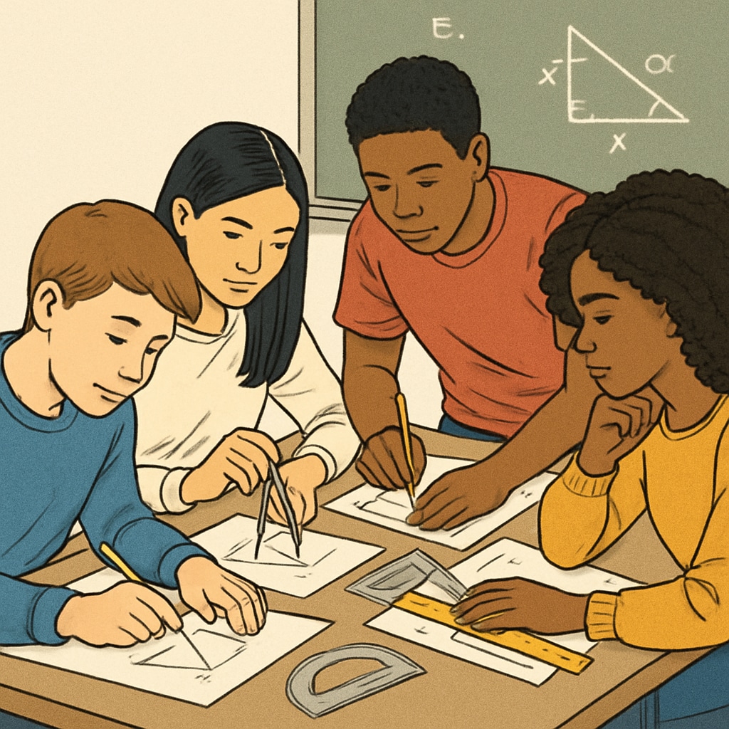 Diverse group of high school students collaboratively solving geometry problems using traditional tools like compasses and protractors High school geometry classroom with hands-on learning activities