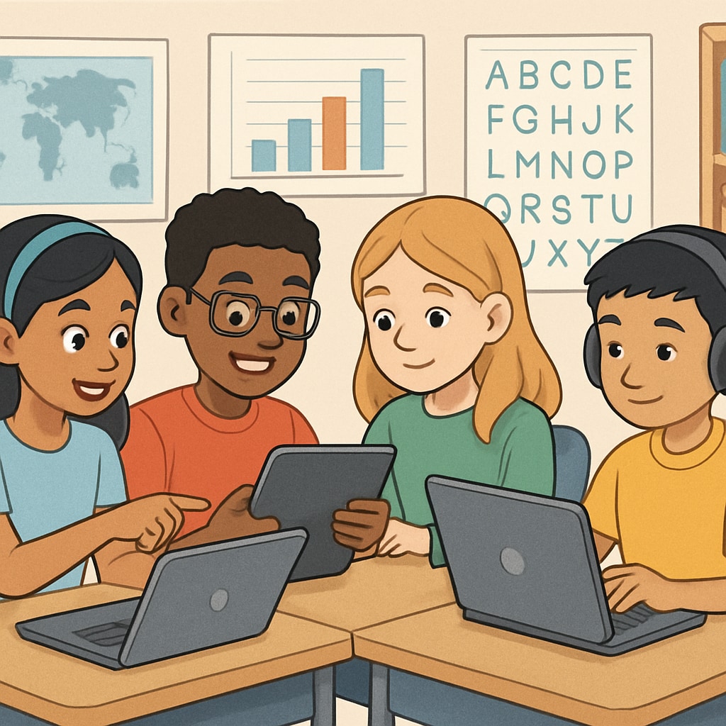 A diverse group of K12 students engaged in virtual learning, using laptops and tablets to collaborate K12 students participating in online study groups on Discord and WhatsApp