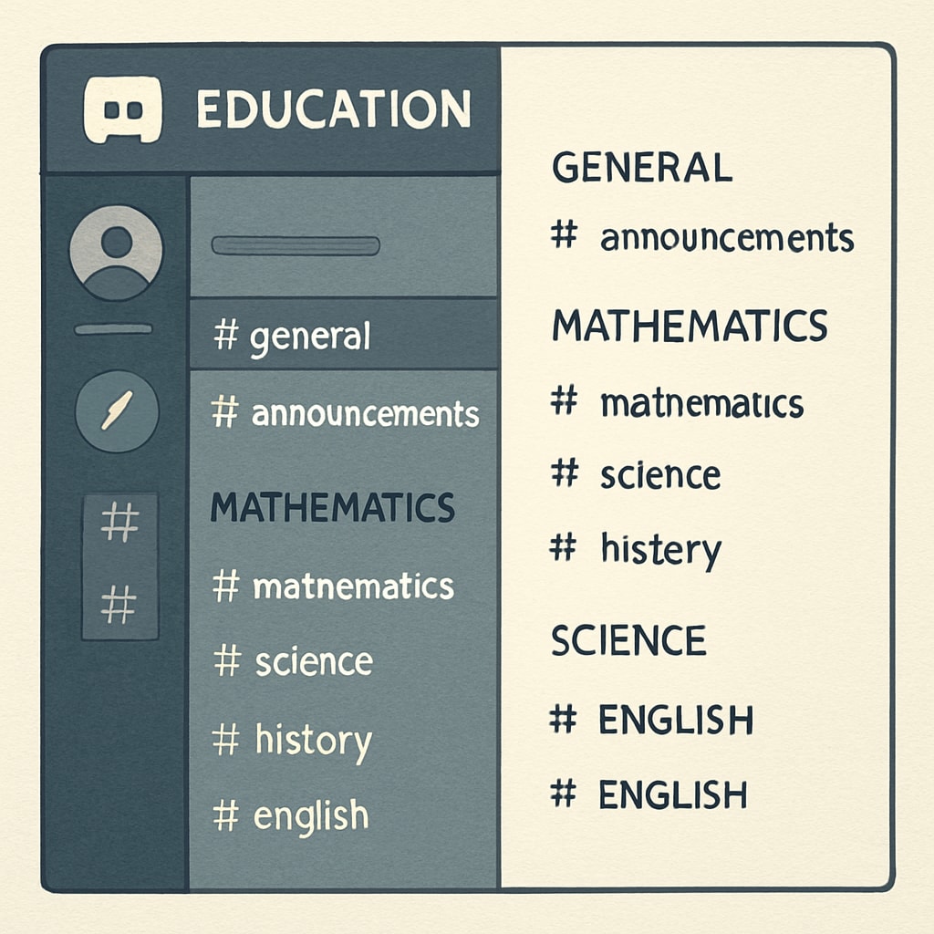 Screenshot of a Discord server interface showing organized channels for different school subjects Example of a well-structured Discord study group for students