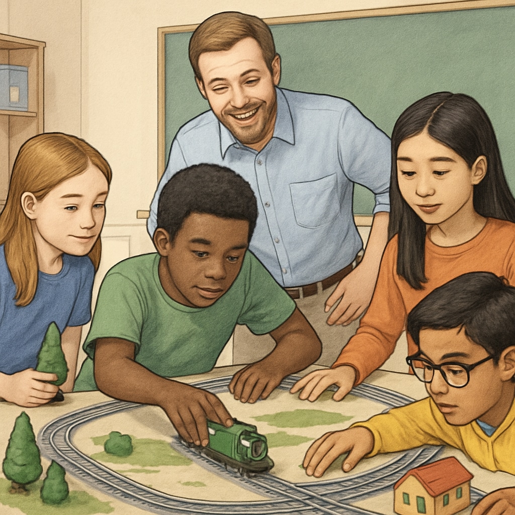A diverse group of middle school students collaboratively building a model railway system with teacher supervision K12 students learning railway engineering concepts through hands-on project