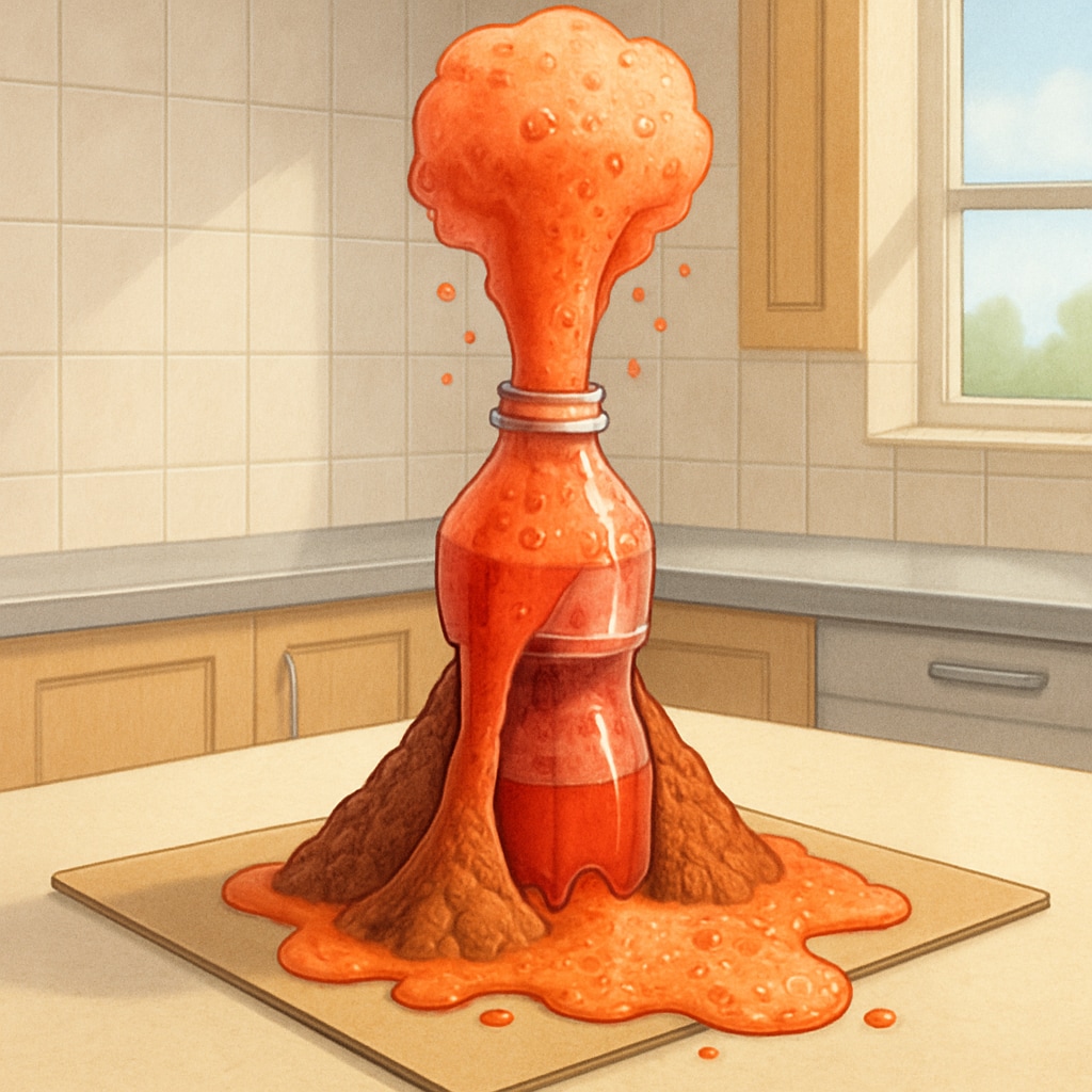 Vibrant red-orange baking soda volcano erupting from a plastic bottle model on a kitchen table Baking soda volcano family science experiment demonstrating chemical reactions