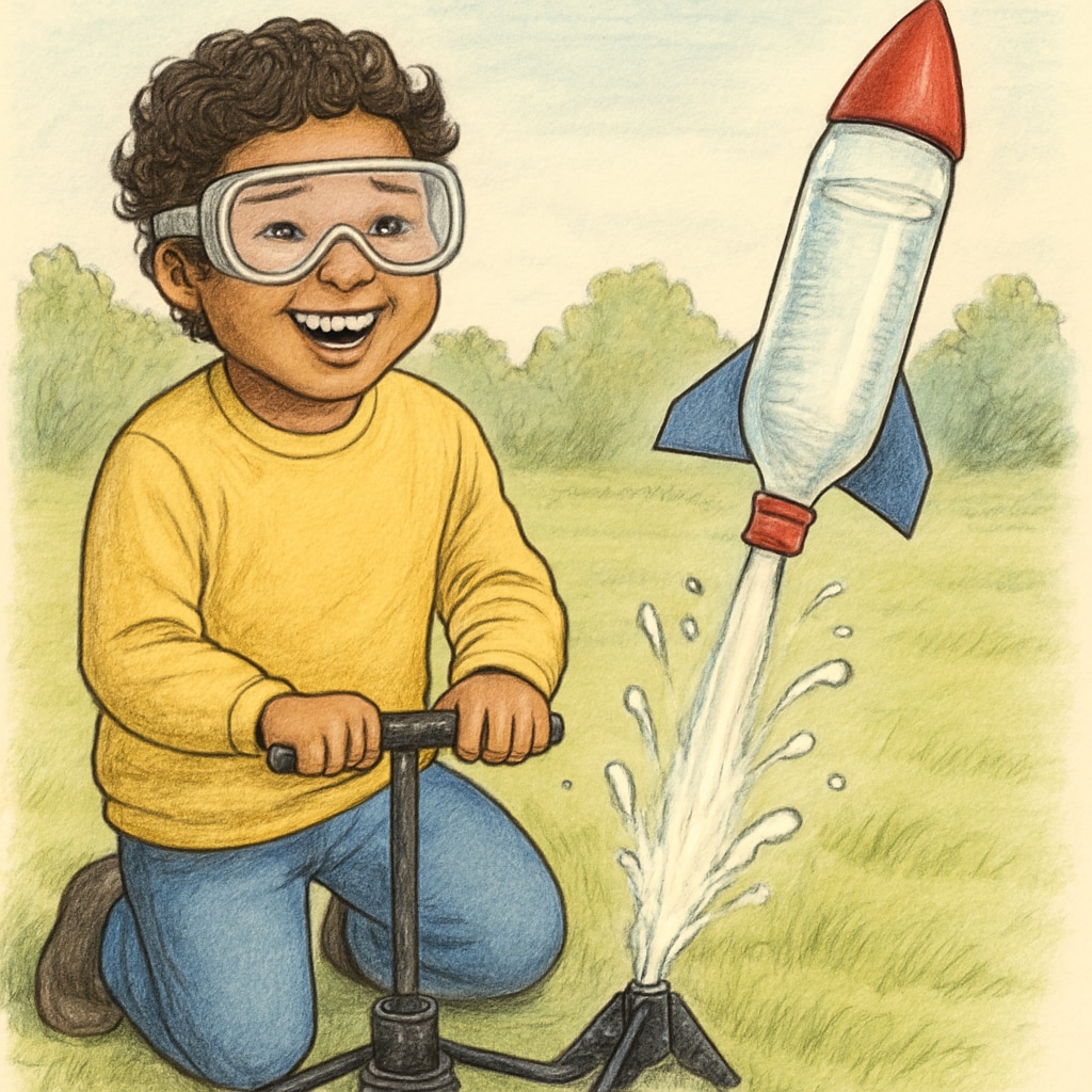 Smiling child wearing safety goggles launching a plastic bottle rocket outdoors Kids enjoying outdoor bottle rocket physics experiment