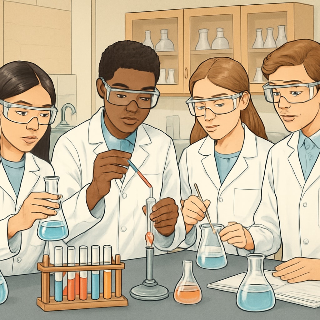 Diverse group of high school students wearing lab coats and safety goggles conducting chemical experiments in a school laboratory setting High school chemistry research project demonstration