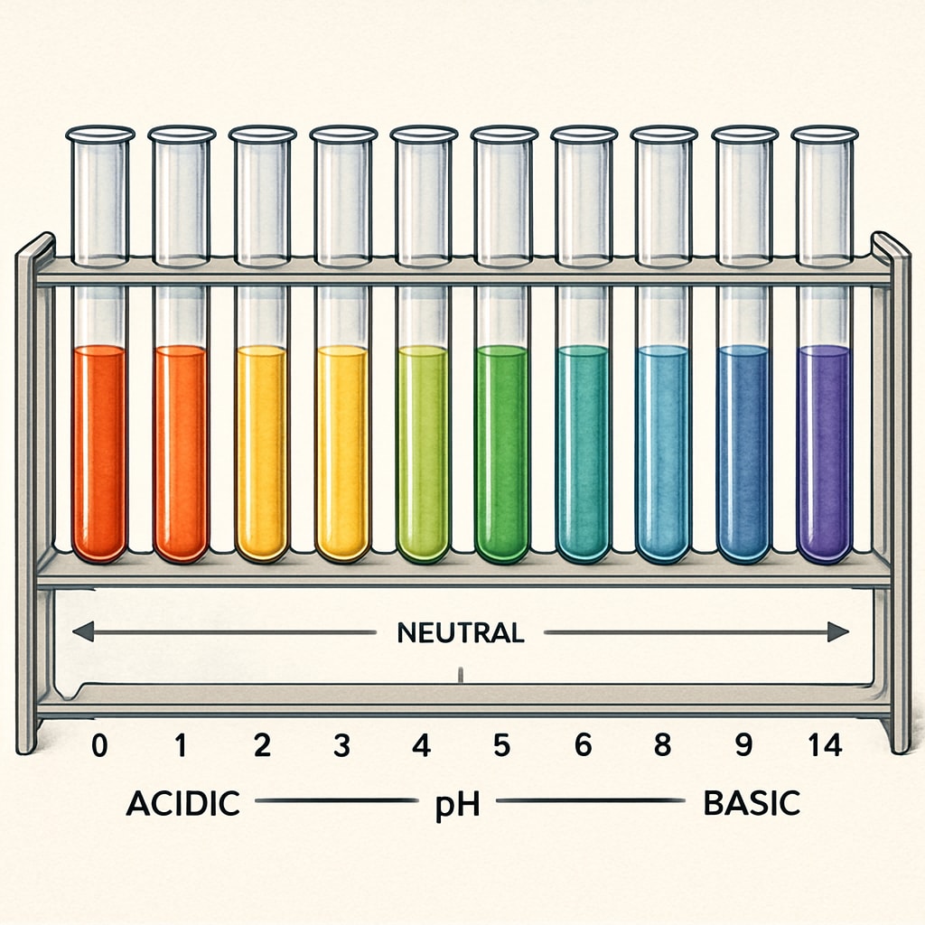 Arrangement of test tubes containing liquids of different colors representing various pH levels in a laboratory rack Chemistry experiment showing pH variations for research projects