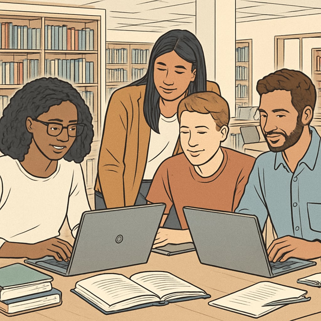 Diverse group of college students collaborating on laptops in a modern university library setting Asylum-seeking students accessing educational resources