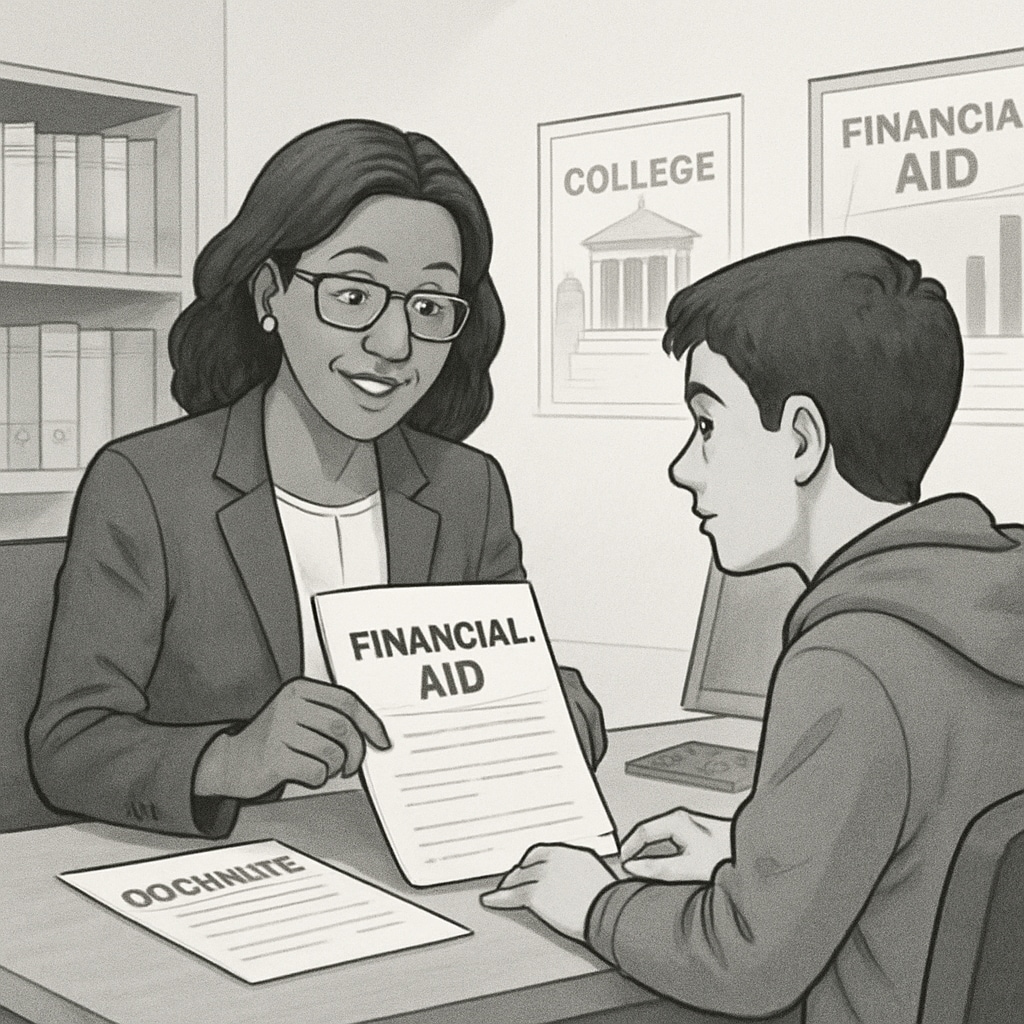 Professional financial aid advisor explaining documents to a young student in a campus office University financial aid guidance for asylum applicants