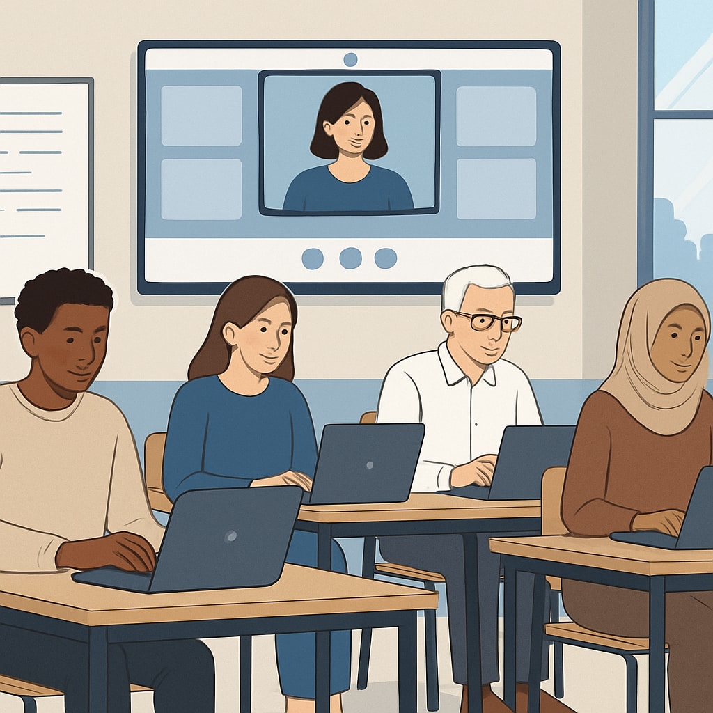 Diverse group of adult students studying on laptops in a virtual classroom setting Online GED course students participating in virtual learning
