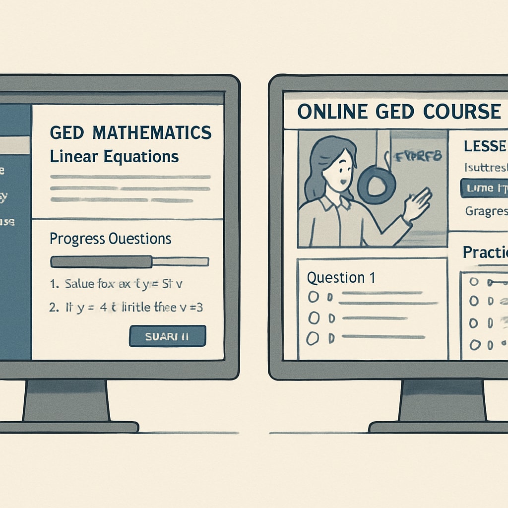 Side-by-side comparison of different online GED course interfaces on computer screens Comparison of top GED online course platforms