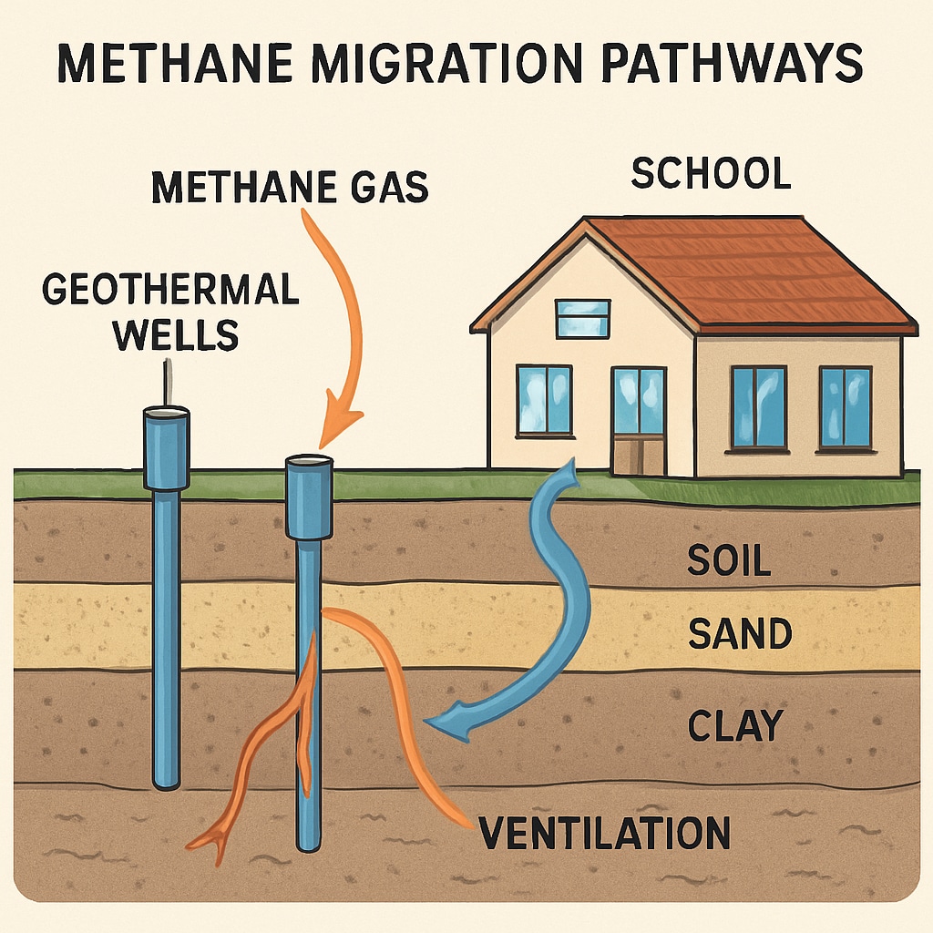 Cross-sectional diagram illustrating methane migration from damaged geothermal wells to school ventilation systems Geothermal well methane leak schematic for school safety education