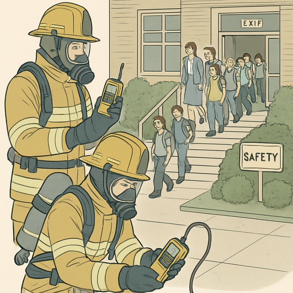 Fire department conducting gas detection tests during school evacuation drill Emergency response to school methane leak scenario