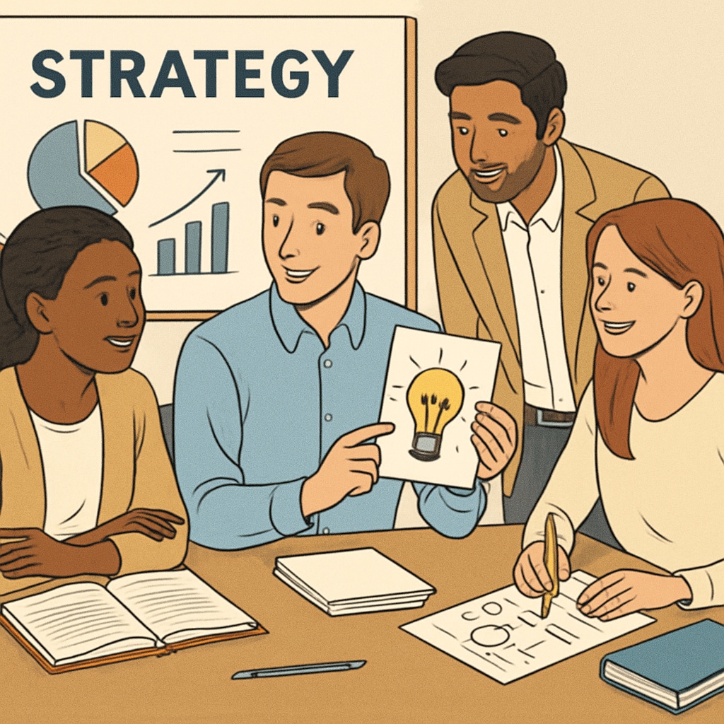 Multicultural team in business casual attire conducting strategy session with learning materials Workplace growth through Chinese philosophy principles