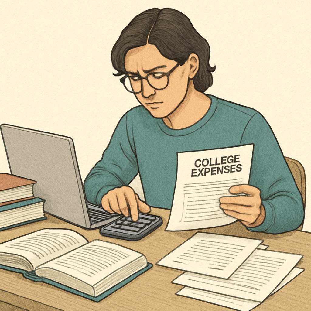 Young adult student reviewing financial documents and calculating college expenses on a laptop Student planning finances to prevent incomplete degrees and tuition debt