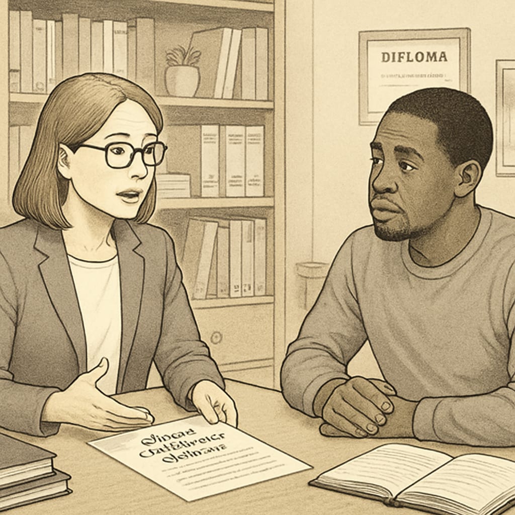 Academic advisor discussing degree completion options with adult student in office setting Advisor helping student navigate credit transfers and incomplete degree requirements