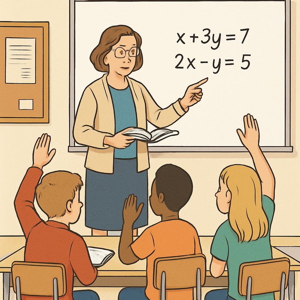 A middle-aged female math teacher in a classroom pointing at algebraic equations on a whiteboard, with three students raising their hands to ask questions Math teacher encouraging student questions in algebra class