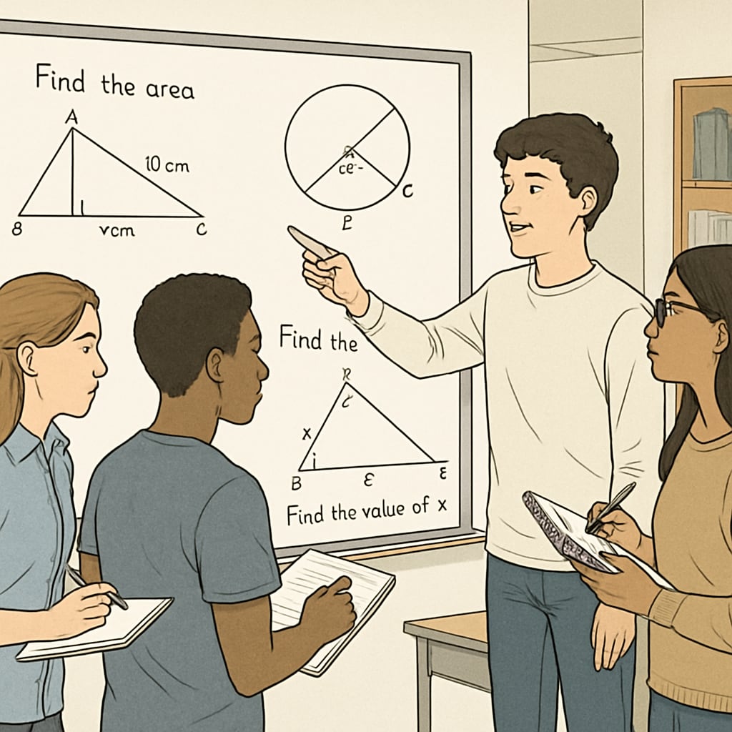 Multi-ethnic student group standing around a whiteboard covered in geometry problems, one student pointing while others take notes Students collaboratively solving math problems through questioning