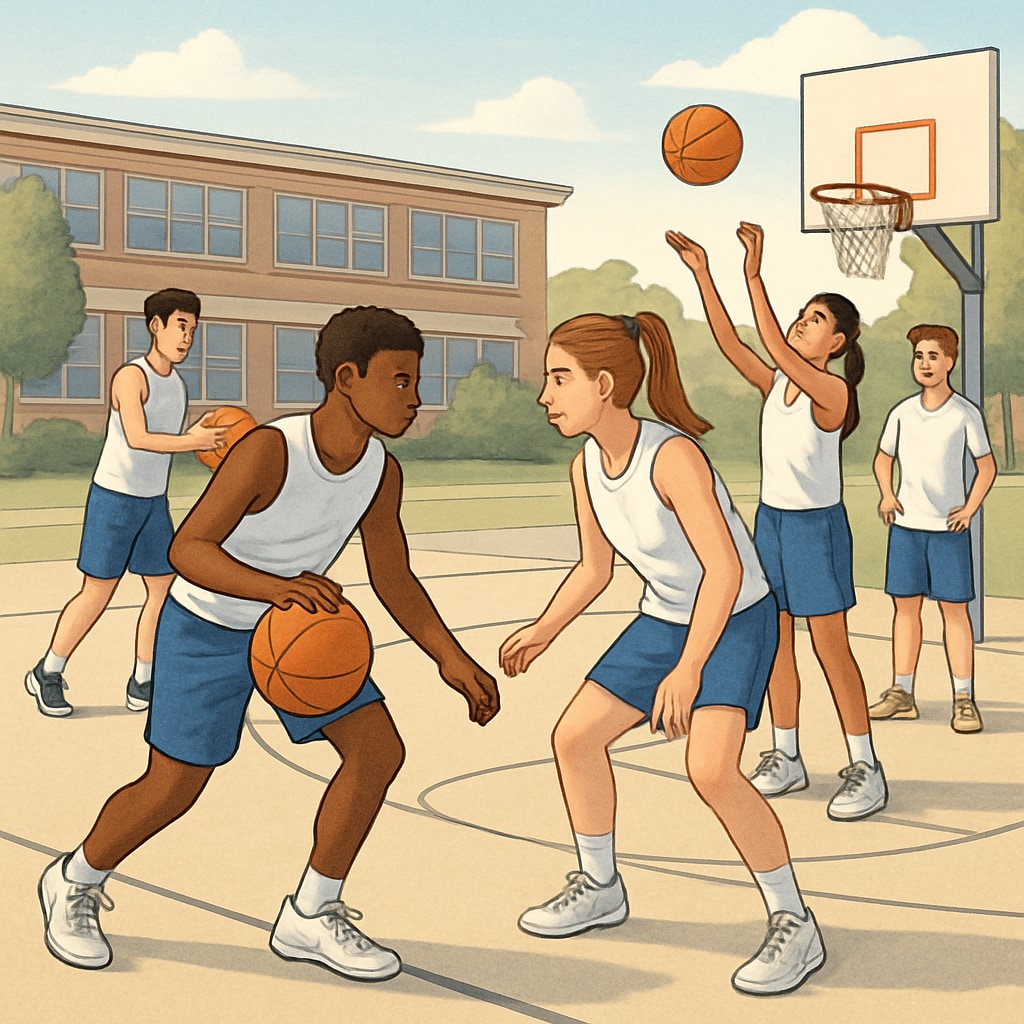 Diverse high school athletes practicing in a well-maintained public school basketball court during afternoon hours School choice and sports facilities - public school gymnasium