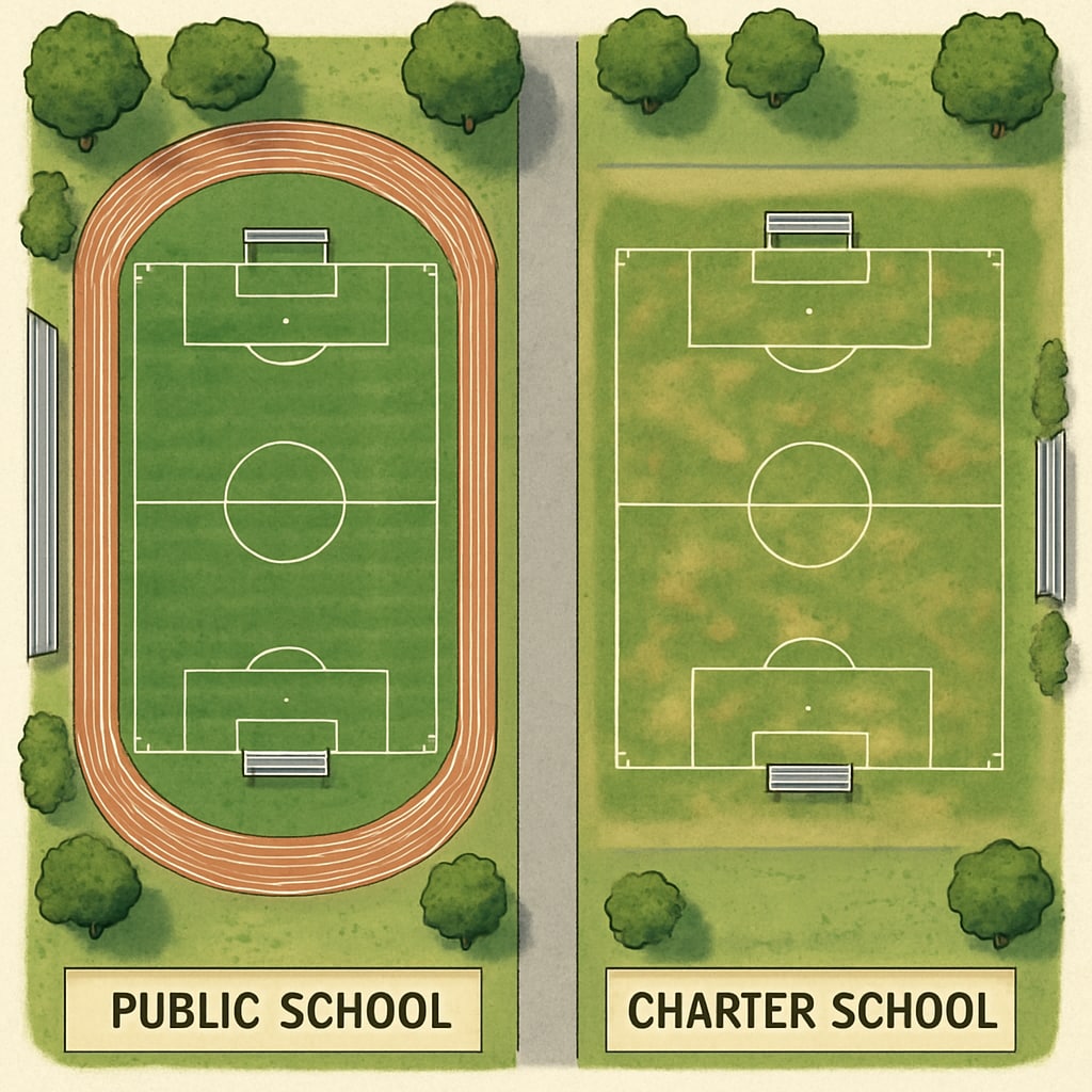 Aerial view comparing adjacent public and charter school athletic fields showing different maintenance levels Enrollment competition visible through facility comparisons