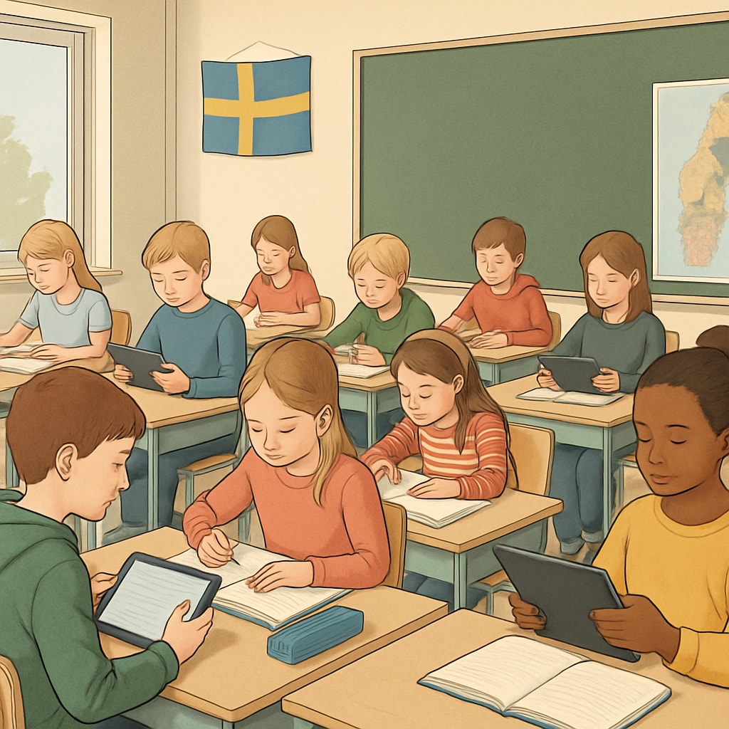 A Swedish classroom during transition period, showing students using both digital tablets and traditional notebooks Swedish education system transition from digital to traditional methods