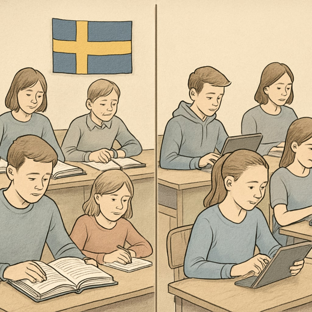 Comparative image of Swedish students using textbooks versus digital devices in learning environments Traditional versus digital learning in Sweden's education system
