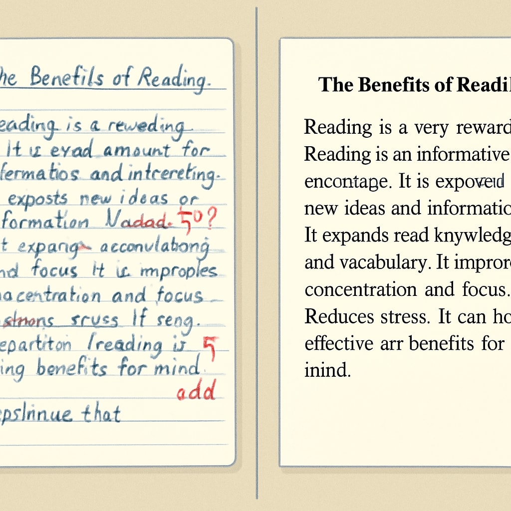 Comparison image showing a handwritten student essay with visible corrections and margin notes next to a pristine AI-generated document Authentic student writing vs AI-generated content showing writing authenticity differences