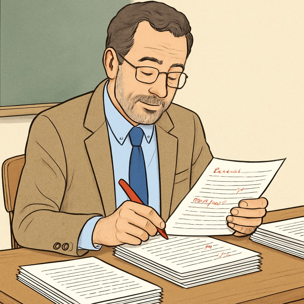 Professor at desk carefully reviewing a stack of student papers with handwritten comments visible in the margins Educator evaluating student work for signs of authentic writing style