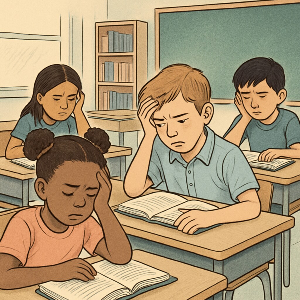 Diverse group of elementary students looking frustrated while trying to read books in a classroom setting Students struggling with reading instruction in classroom