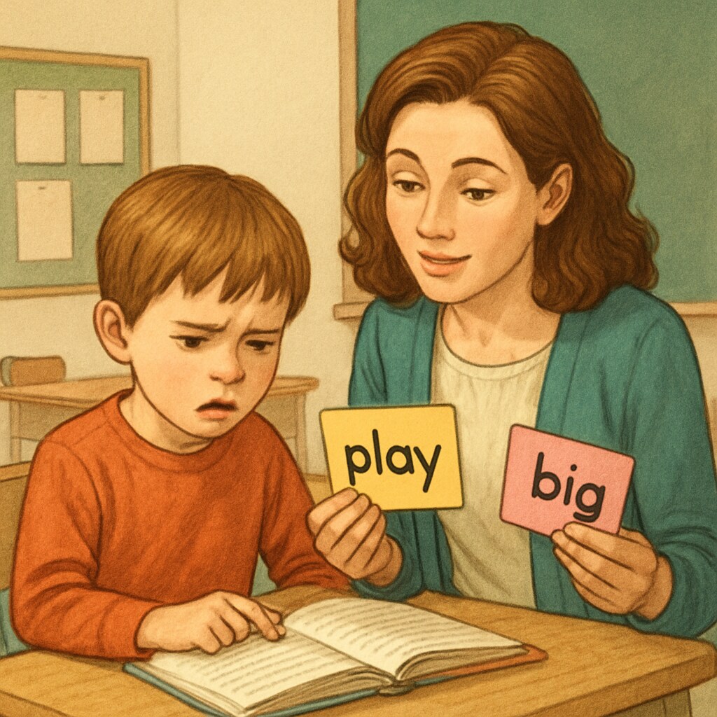 Caring teacher using flashcards to help a young student with reading difficulties Evidence-based reading instruction in action