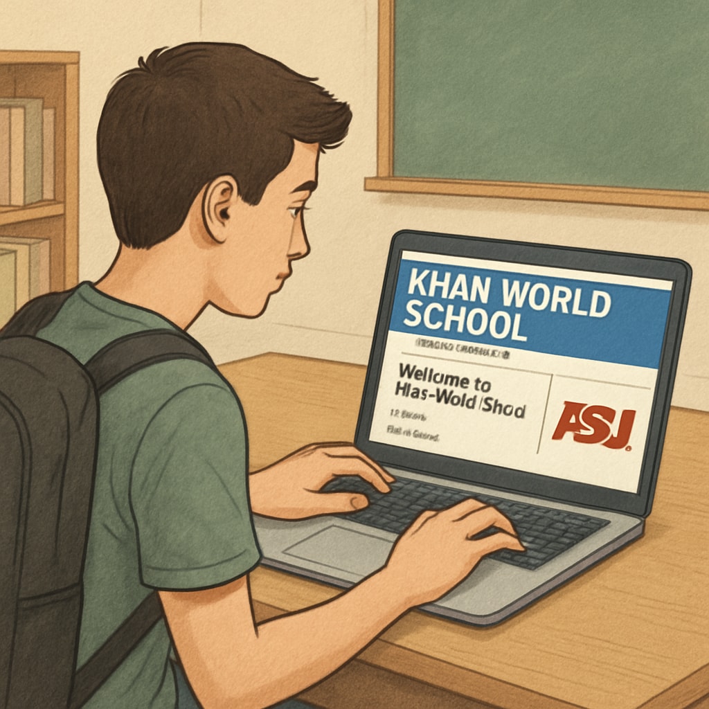 A high school-aged student engaging with Khan World School's online platform on a laptop, with the ASU partnership logo visible in the interface Student using Khan World School and ASU dual-credit online learning platform