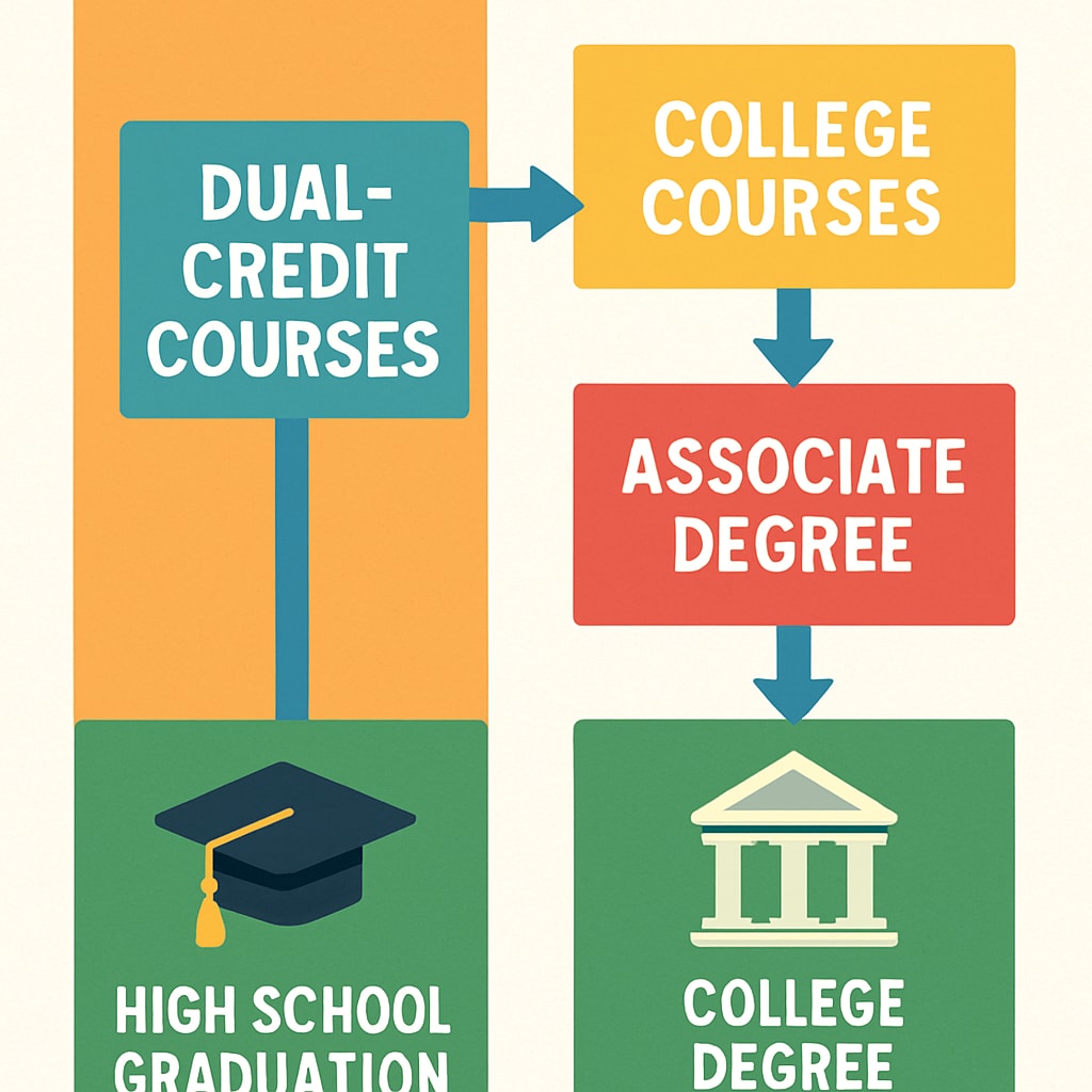 Colorful infographic illustrating the dual-credit pathway showing high school graduation leading to college degree completion Khan World School dual-credit academic pathway infographic