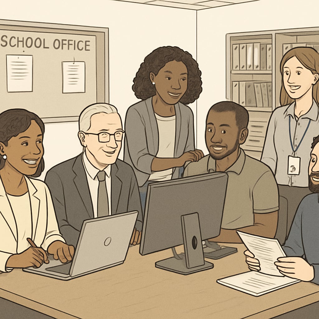 A diverse group of school staff including administrators, IT professionals, and counselors collaborating in a modern school office Non-teaching school staff working together in education environment
