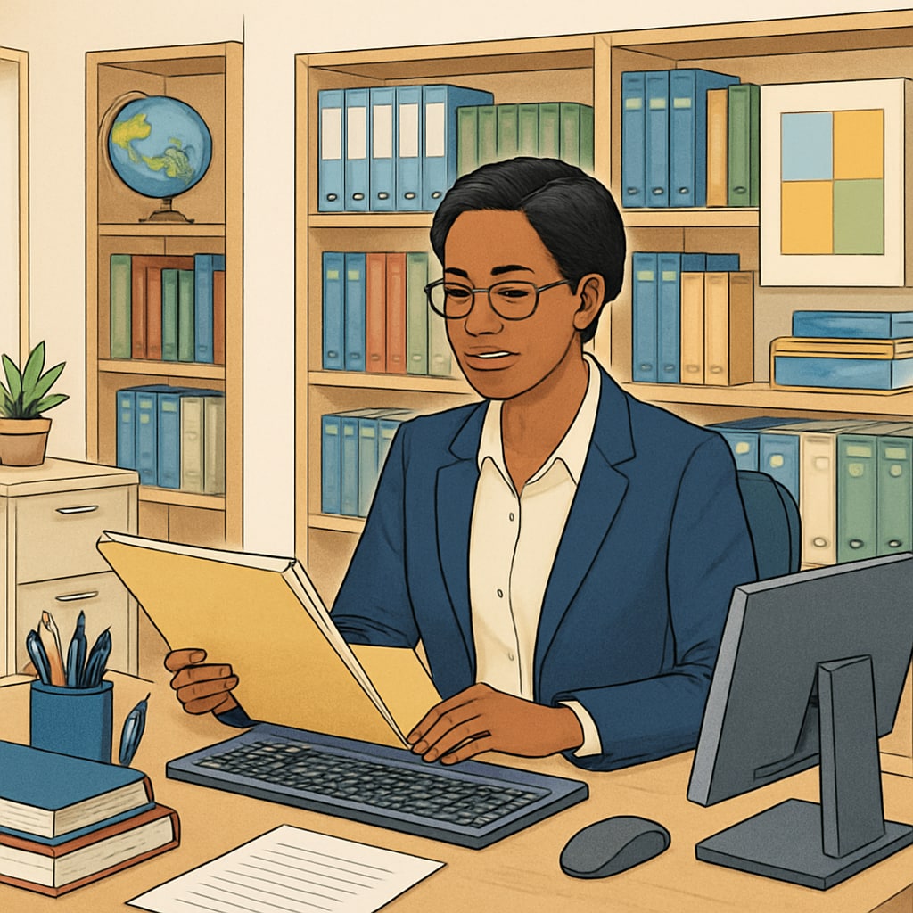 A professional school administrator organizing documents and using computer in a bright school office School administrator working during academic term