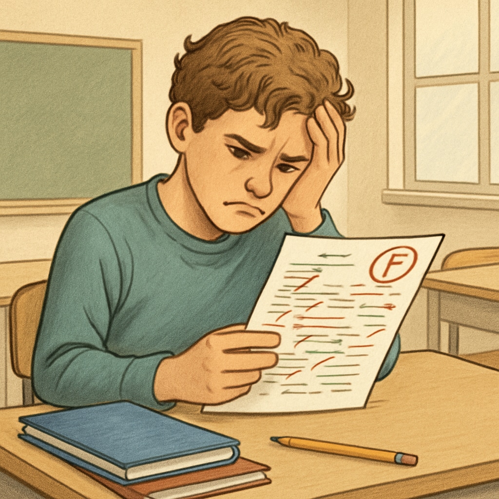Frustrated high school student sitting at desk, carefully examining a graded test paper with visible red marks and corrections Student experiencing academic injustice reviewing unfair grading